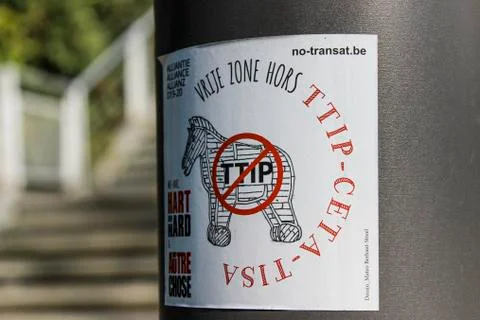 June 2019, BRUSSELS, BELGIUM View of a Stop TTIP protest sticker against the Stock Photos