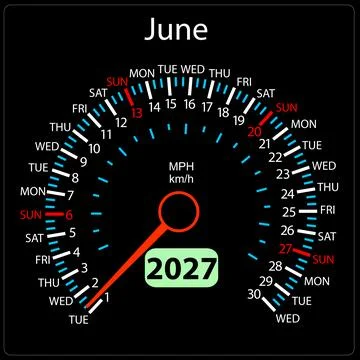 June 2027 calendar designed as a car speedometer with needle Stock Illustration