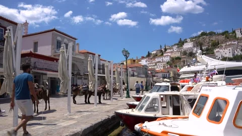 June 21, 2025: Hydra, Greece. Boats Lined Up at the Harbor Port in Greek Is.. Stock Footage 336594408