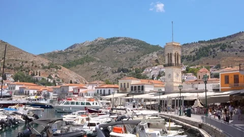 June 21, 2025: Hydra, Greece. At the Harbor Port in Greek Island. Boats Anc.. Stock Footage 336594448
