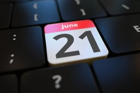 June 21 date on a keyboard key, 3d rendering Illustrazione stock