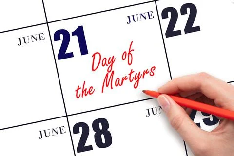 June 21. Hand writing text Day of the Martyrs on calendar date. Save the date Stock Photos