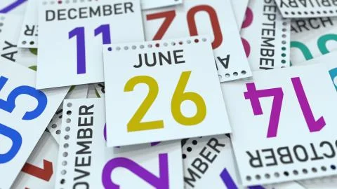 June 26 date on emphasized calendar page, 3D rendering Stock Illustration