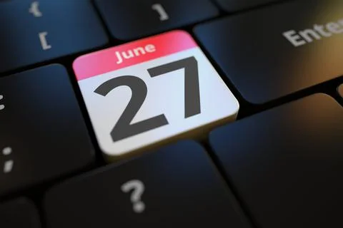 June 27 date on a keyboard key, 3d rendering Illustrazione stock