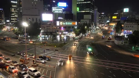 June 5, 2017. Night view and vehicle flow in front of Seoul Station Stock Footage 145973792