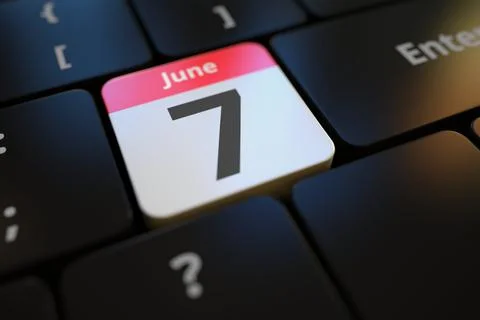 June 7 date on a keyboard key, 3d rendering Illustrazione stock