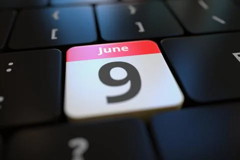 June 9 date on a keyboard key, 3d rendering Stockillustratie