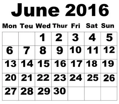 June Calendar 2016 Stock Illustration