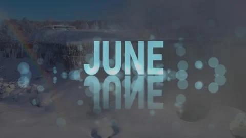 June Text Over Winter Waterfall Ice and Rainbow Bokeh Stock Footage 336478911