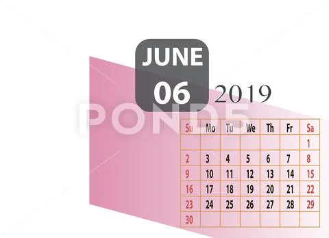 June year 2019 monthly calendar Stock Illustration