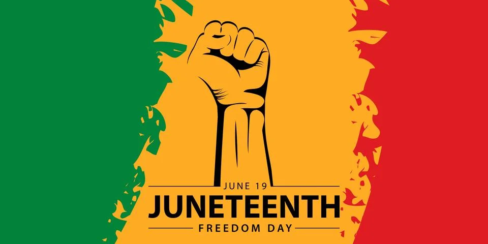 Juneteenth Banner Vector. Waving Pan-African Flag on Orange Background. Jun.. Illustrazione stock