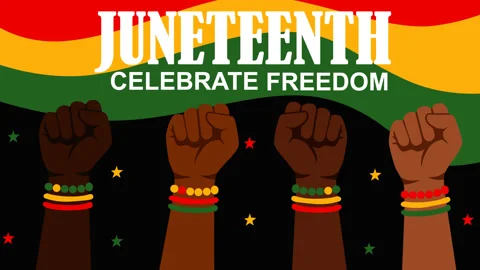 Juneteenth Celebrate Freedom Background with Raised Fists and African Herita Видео 335874926