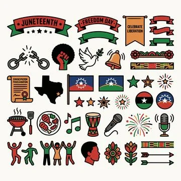 Juneteenth Celebration Icon Set Featuring Historical Symbols and Festive El.. Stock-Illustration