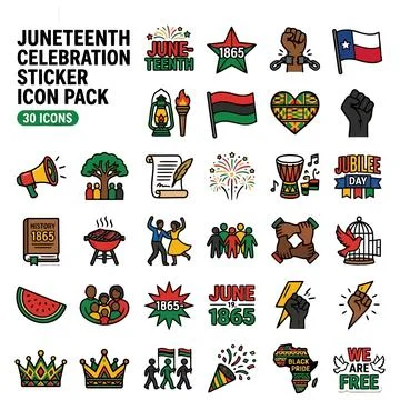 Juneteenth Celebration Sticker Icon Pack Illustrating Cultural Freedom Histor 스톡 일러스트