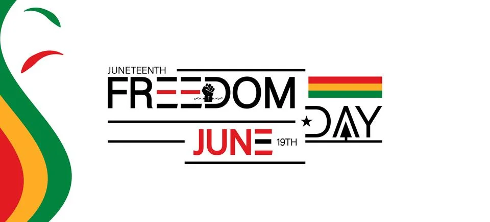 Juneteenth Design with Bold Freedom Text Fist Icon and Cultural Flag Elements Stock Illustration