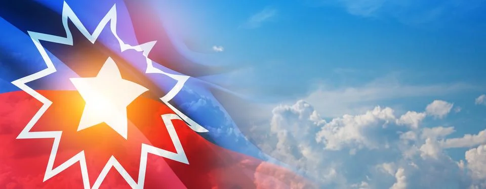 Juneteenth Flag with blue cloudy sky. Since 1865. Banner. Stock Photos