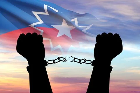 Juneteenth flag with hands chained against the sunset sky Stock Illustration