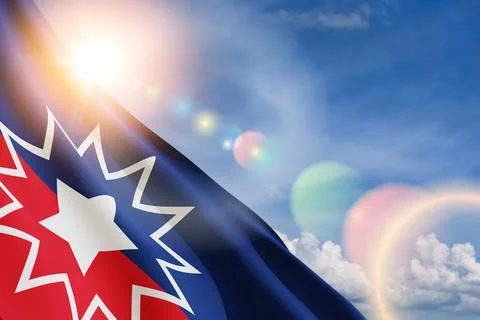 Juneteenth Flag with the sun in blue cloudy sky. Since 1865. Design of Banner Stock Photos