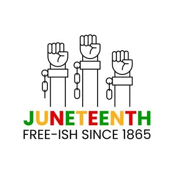 Juneteenth free-ish since 1865. Three clenched fists in air with broken chain Stock Illustration