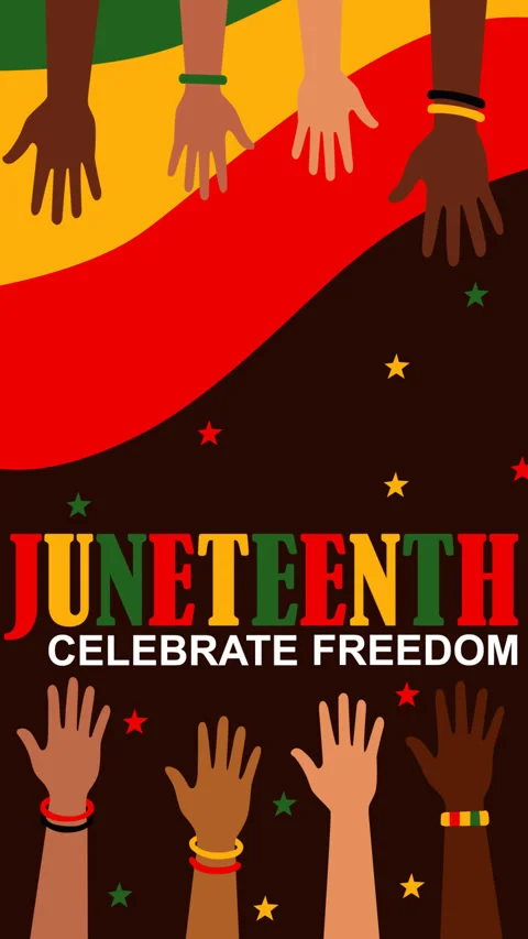 Juneteenth Freedom Celebration Background with Diverse Hands and African Her Видео 335879270