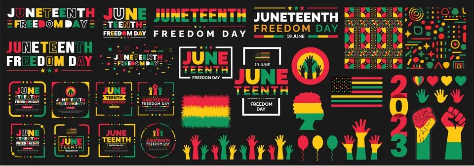 Juneteenth Freedom Day element set, social media post banner, typography bundle. Stock Illustration