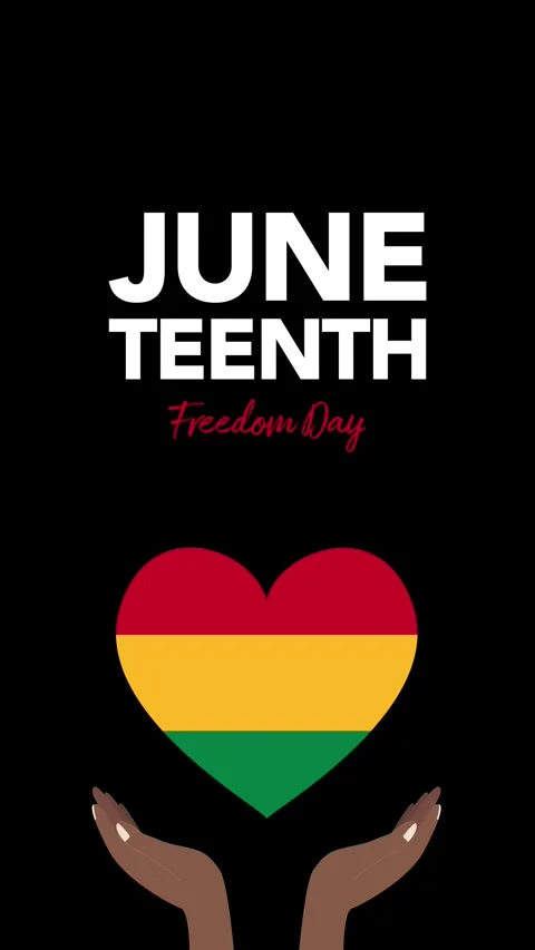 Juneteenth Freedom Day greeting animation with hands holding Pan-African color Video stock 336053392
