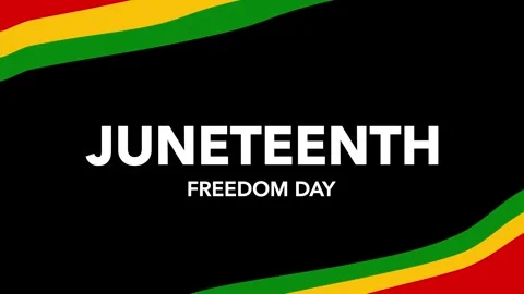 Juneteenth Freedom Day greeting text with wavy Pan-African colors corner frame Vídeo Stock 336045830