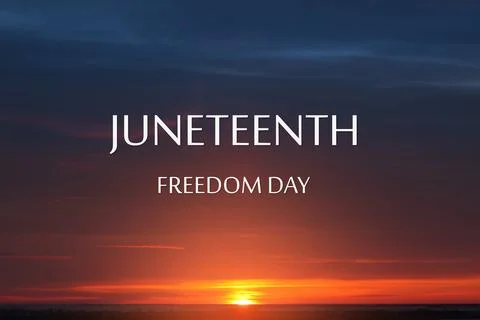 Juneteenth Freedom Day text on background of sunrise or sunset. Since 1865. Stock Photos