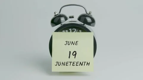Juneteenth Text or Word on Yellow Note Paper Sticking onto Black Alarm Clock Stock Footage 299541182