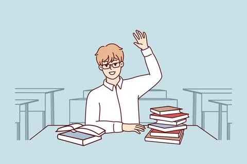 Junge High School Schüler sitzt am Schreibtisch mit Lehrbüchern und Arbeit. Stock Photos
