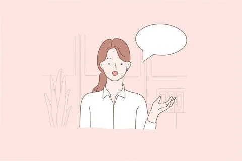 Junge schöne Frau oder Angestellte hält ein Webinar, Blog, Vlog, wirbt vor. Stock Photos
