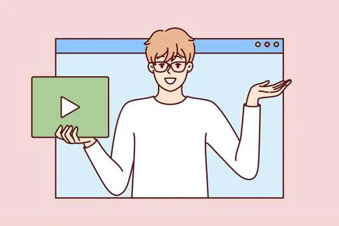 Junger Mann mit Brille und Play-Taste in der Hand schaut aus einem Webbrow... Stock Photos