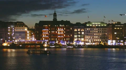 Jungfernstieg with Christmas lights at dusk Stock Footage 239727581