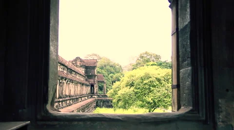 Jungle and temples outside stone window Stock Footage 52904730