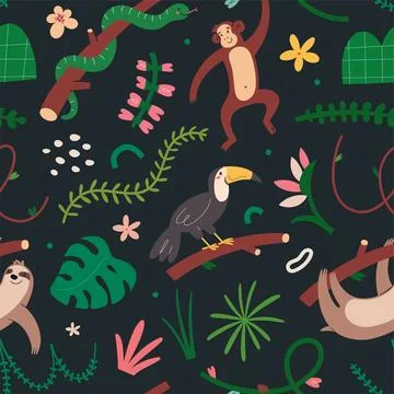 Jungle animals pattern, seamless ornament with cute leopard, sleeping wild Stock Illustration