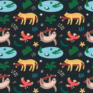 Jungle animals pattern, seamless ornament with cute leopard, sleeping wild Stock Illustration
