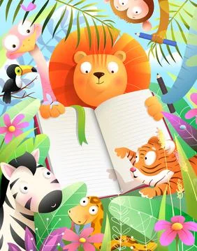 Jungle Animals at School Study Draw Write or Read Stock Illustration