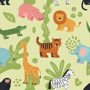 Jungle animals seamless pattern. Lion, crocodile and zebra, elephant and monkey Stock Illustration