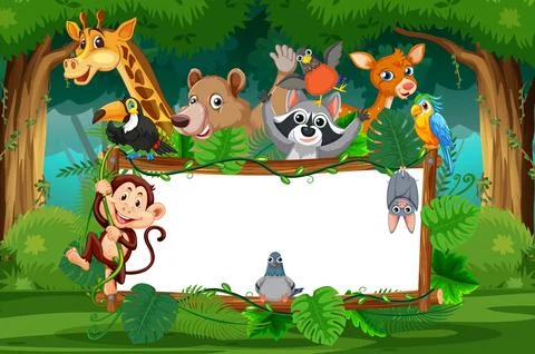 Jungle Animals Surrounding Blank Wooden Sign in Forest Illustrazione stock