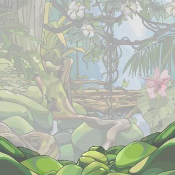 Jungle background of thick tropical trees and plants in the fog Stock Illustration