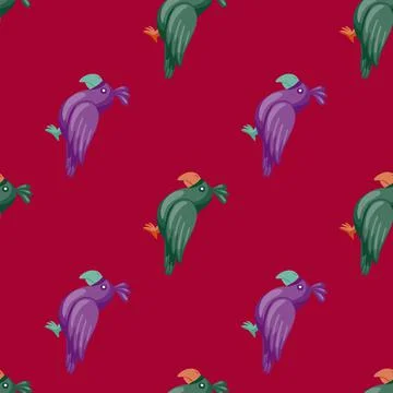 Jungle bird seamless pattern with green and purple parrots shapes. Maroon bac Stock Illustration