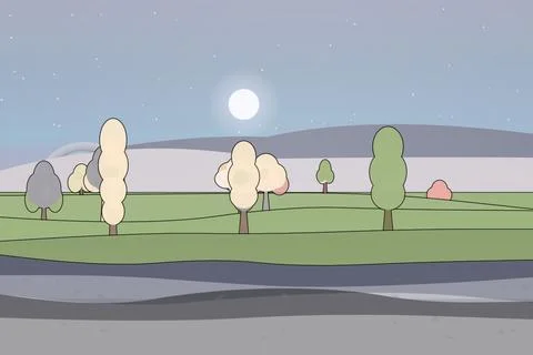 Jungle-edge composition featuring and mixed woodland trees under twilight sky Stock Illustration