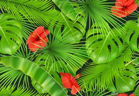 Jungle foliage seamless pattern. 3d vector realistic background Stock Illustration