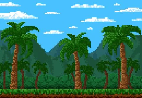 Jungle forest, 8 bit pixel game level landscape 스톡 일러스트