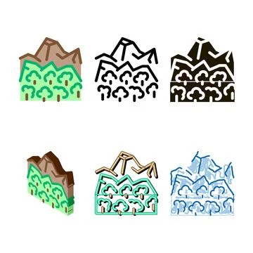Jungle forest and set mountain icon vector outline Stock Illustration