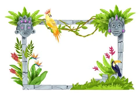 Jungle forest frame, vector stone tropical nature background, game UI object Stock Illustration