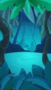 Jungle forest game splash screen, vertical background dark magic night in Stock Illustration