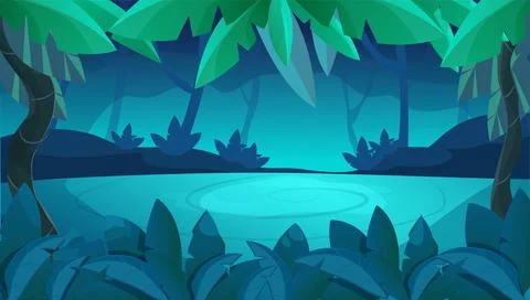 Jungle forest game splash screen, horizontal background dark magic night in Stock Illustration