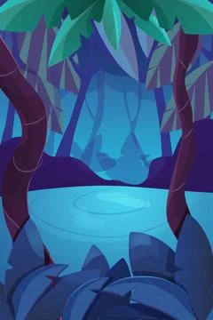 Jungle forest game splash screen, vertical background dark magic night in Stock Illustration