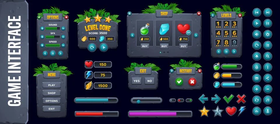 Jungle forest game UI interface buttons kit Stock Illustration
